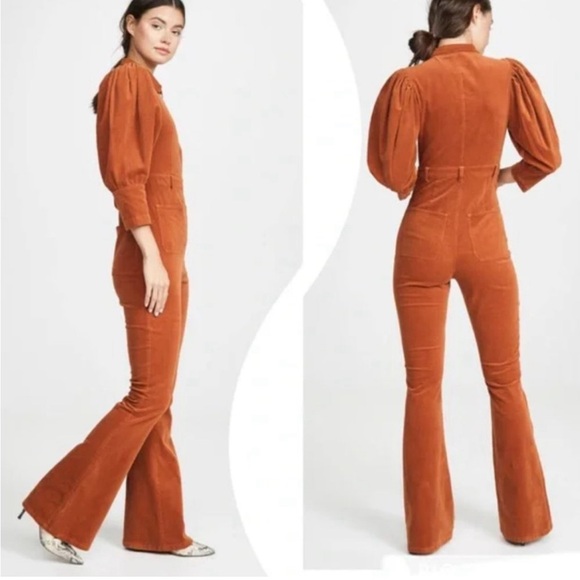 WeWoreWhat 70's Corduroy Jumpsuit Puff Sleeves Flare Legs Retro Y2K Orange, XS - Picture 4 of 7